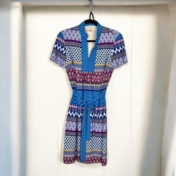 Trina Turk dress womens S Blue Multicolor TIe Waist Knee Length Casual Bright - Picture 1 of 9